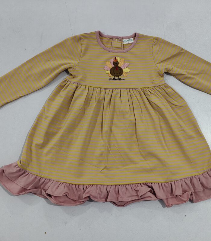 Pink-Yellow Striped Turkey Embroidery Girls Dress