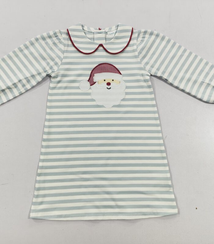 Light Blue Striped Santa Claus Embroidery Girls Dress