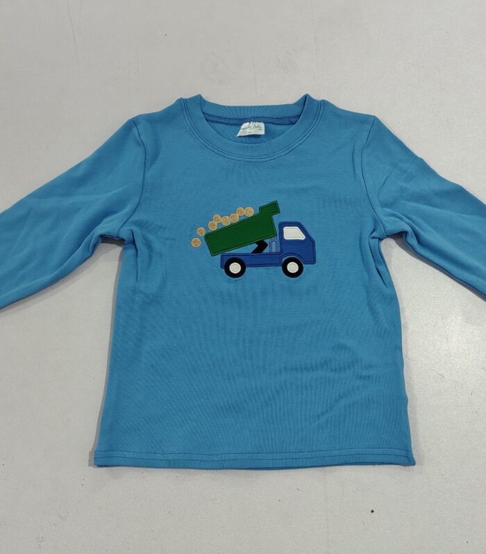 Blue Dump Truck Embroidery Boys Long Sleeve T-Shirt