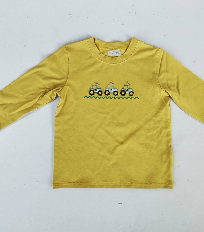 Yellow Tractor Embroidery Boys Long Sleeve T-Shirt