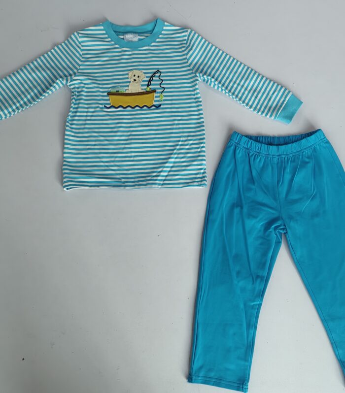 Dog Fishing Embroidery Striped Kids Pajama Set