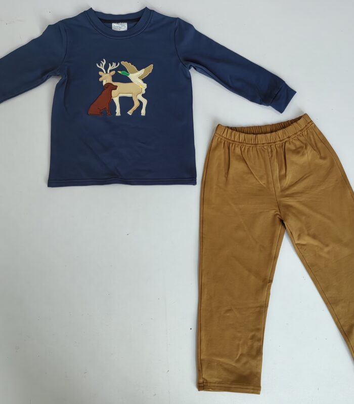 Boys Navy Hunting Animal Appliqué 2-Piece Outfit