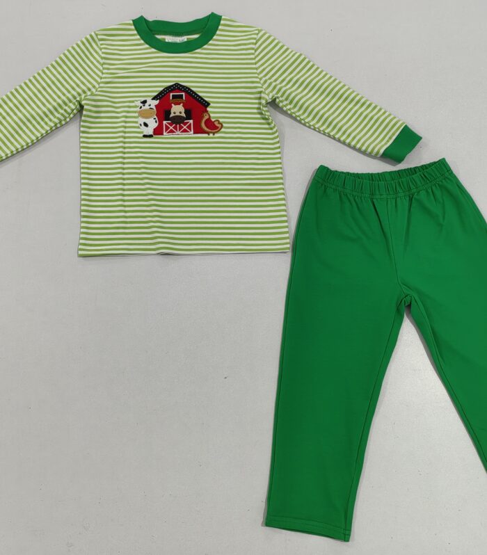Boys Green Stripe Farm Animal Appliqué Set