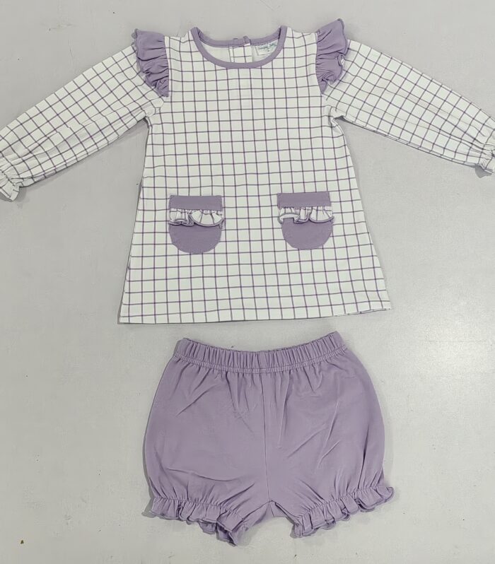 Girls Purple Grid Ruffle Top & Bloomers Set