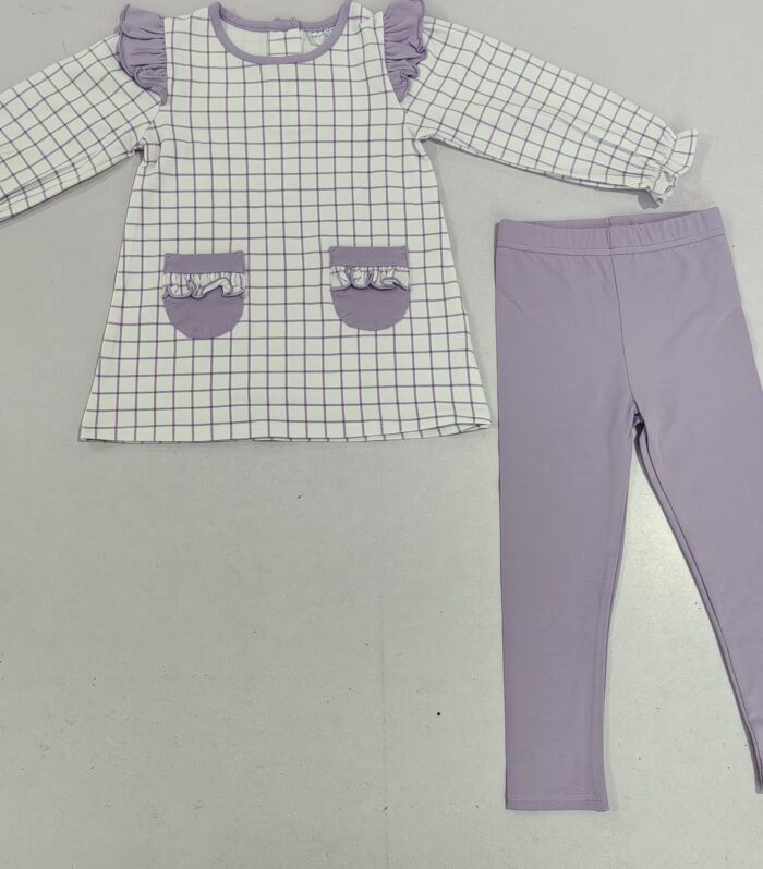 Girls Purple Grid Ruffle Top & Leggings Set