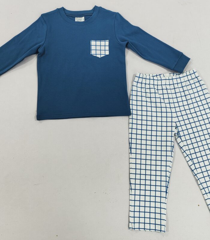 Boys Blue Top & White Grid Pants Set