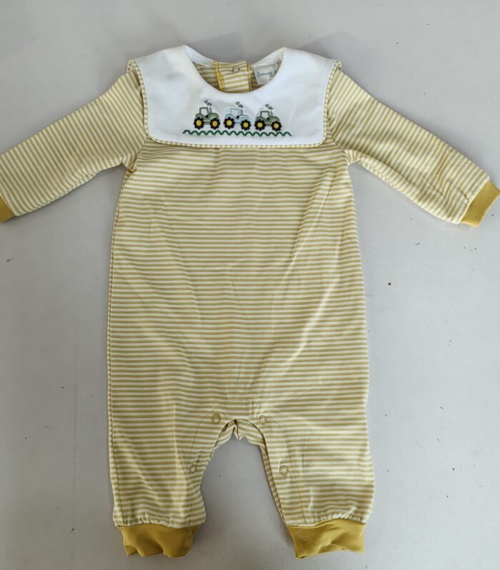 Baby Yellow Stripe Tractor Embroidery Romper