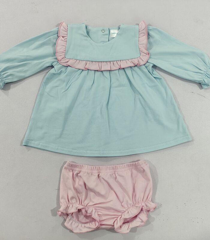Girls Light Blue Ruffle Top & Pink Bloomers Set