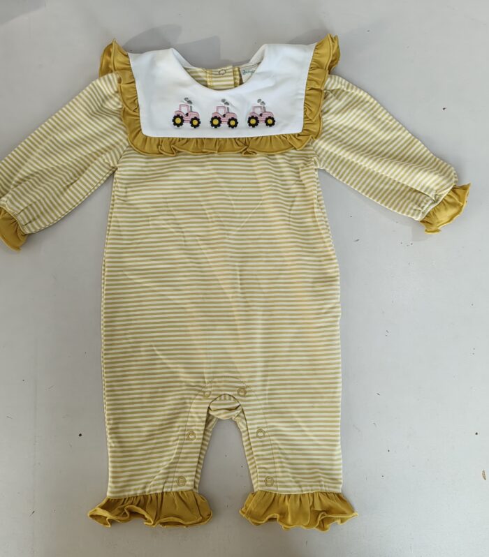 Baby Yellow Stripe Pink Tractor Embroidery Romper