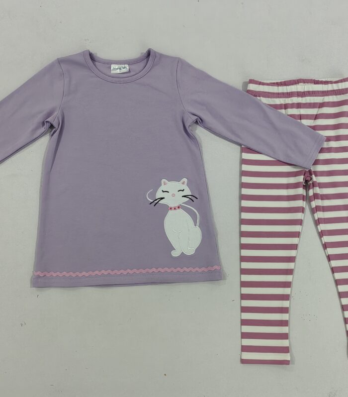 Girls Lavender Cat Appliqué Tunic & Stripe Leggings Set