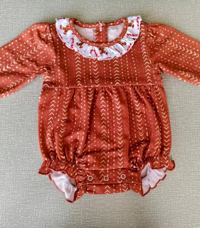 Baby Rust Arrow Print Gingerbread Ruffle Neck Bubble Romper