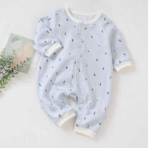 Light Blue Animal Print Contrast Binding Long Sleeve Full Snap Baby Jumpsuit