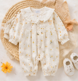 Cream Yellow Floral Ruffle Collar Full Snap Baby Long Sleeve Jumpsuit
