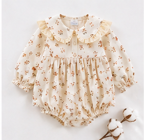 Cream Floral Ruffle Collar Long Sleeve Baby Bodysuit