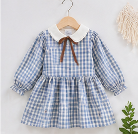 Blue White Plaid Peter Pan Collar Long Sleeve Girls Dress
