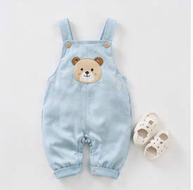 Light Blue Bear Embroidery Adjustable Baby Overalls