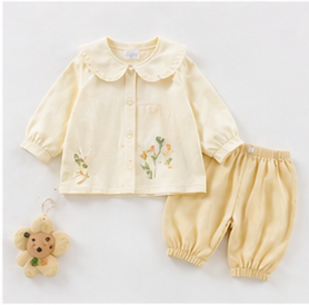 Cream Floral Embroidery Ruffle Collar Baby Long Sleeve 2-Piece Outfit Set