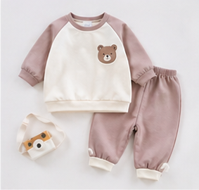 Lilac Pink & White Bear Embroidery Raglan Sleeve Baby Sweatshirt Pants 2-Piece Set