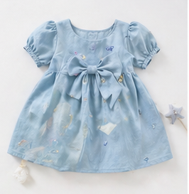 Light Blue Sequin Print Big Bow Puff Short Sleeve Girls Dress