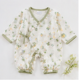 Light Green Binding Watercolor Floral Side Tie Newborn Long Sleeve Gauze Jumpsuit
