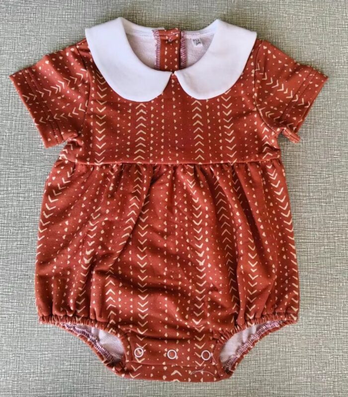 Baby Rust Arrow Print Peter Pan Collar Short Sleeve Bubble Romper