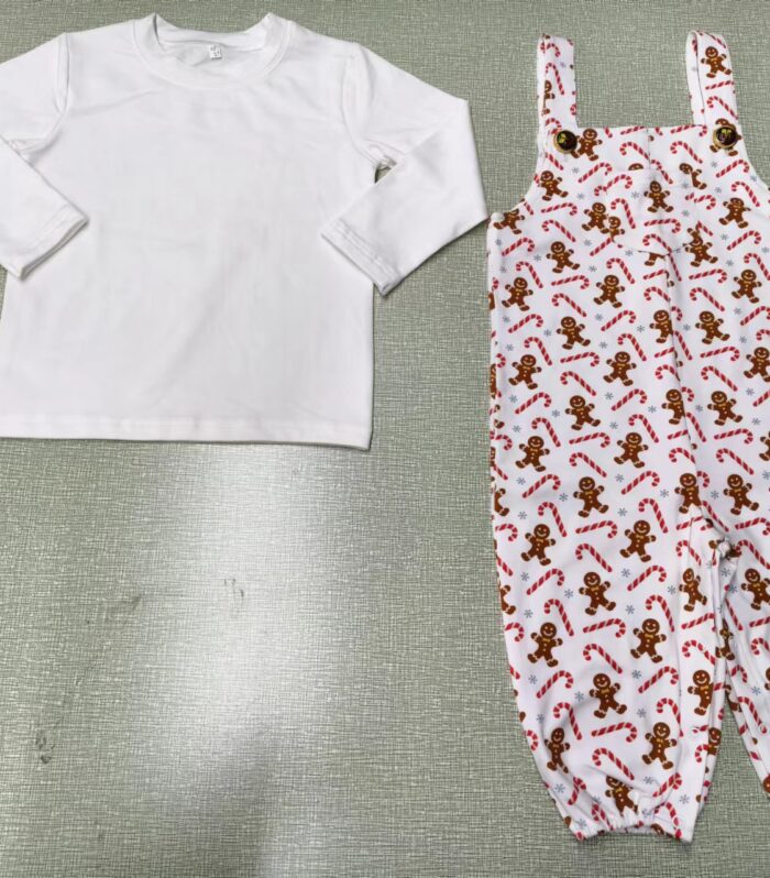 Boys White Long Sleeve Tee & Gingerbread Print Overalls Set