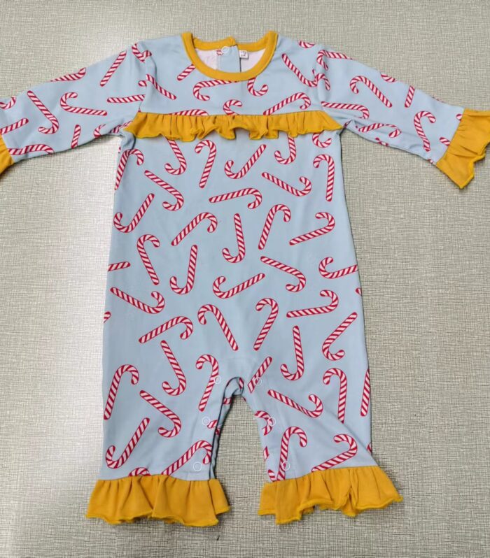 Baby Light Blue Candy Cane Print Ruffle Longall Romper