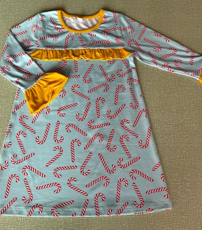Girls Light Blue Candy Cane Print Yellow Ruffle Swing Dress