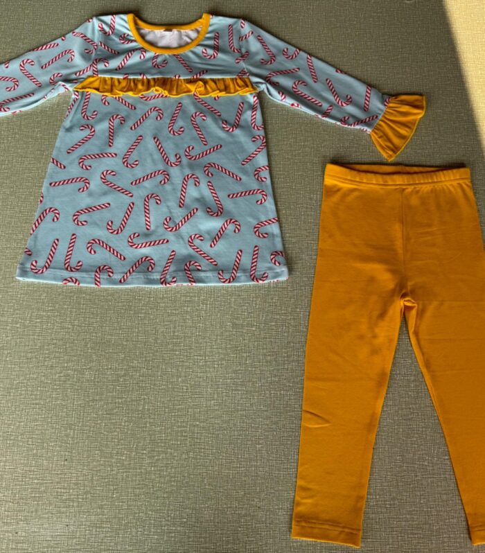Girls Light Blue Candy Cane Tunic & Solid Mustard Legging Set