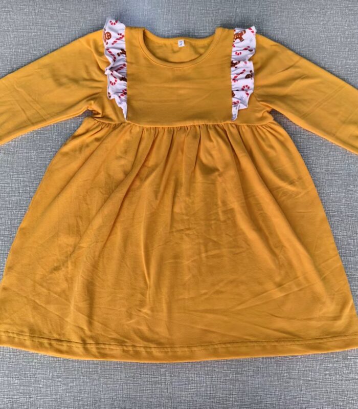 Girls Mustard Solid Gingerbread Print Ruffle Shoulder Dress