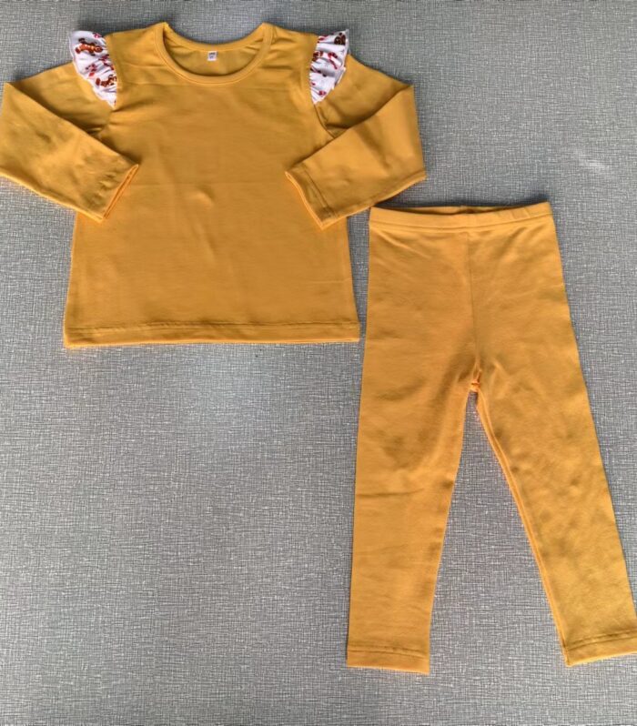 Girls Mustard Solid Gingerbread Ruffle Top & Matching Legging Set