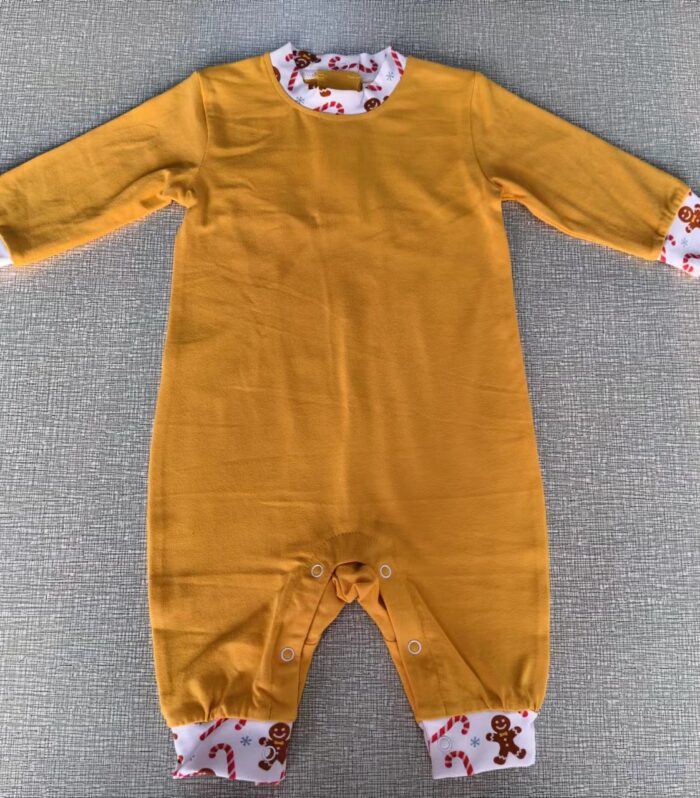 Baby Mustard Solid Gingerbread Print Cuff & Neck Trim Longall