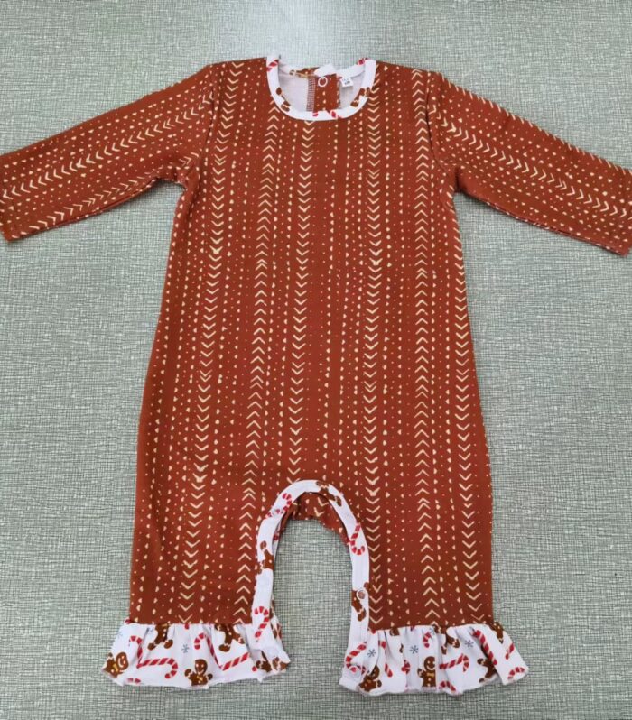 Baby Rust Arrow Print Longall Romper with Gingerbread Ruffle Cuffs