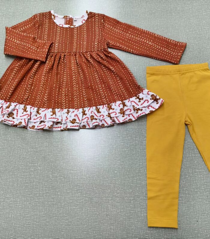 Girls Rust Arrow Print Ruffle Hem Dress & Mustard Legging Set