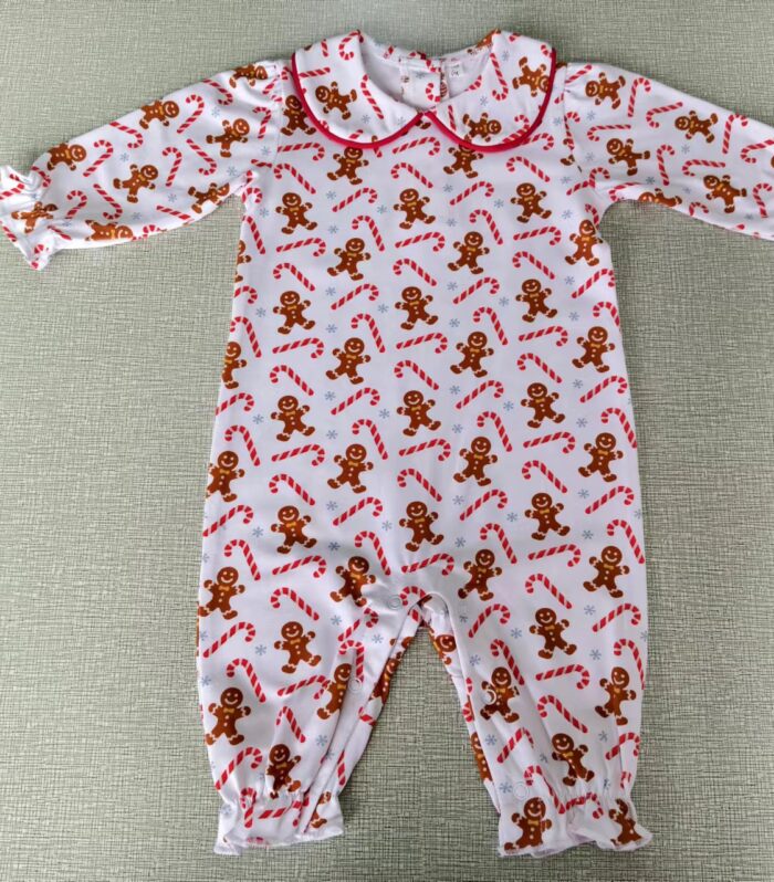 Baby White Gingerbread Print Peter Pan Collar Longall Romper
