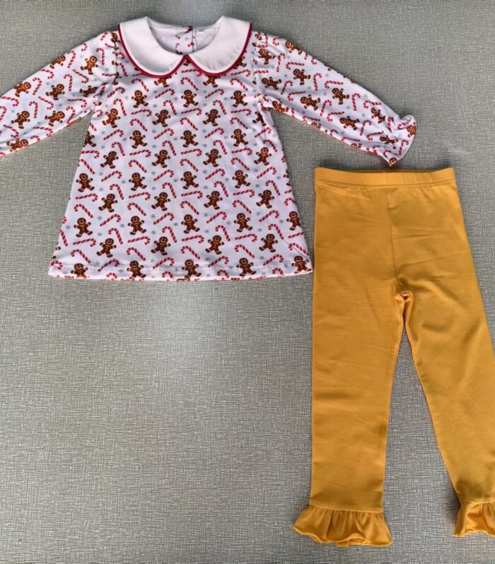 Girls White Gingerbread Print Peter Pan Tunic & Mustard Ruffle Legging Set