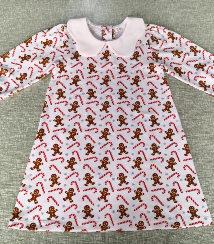 White Gingerbread Print Peter Pan Collar Swing Dress with Denim Ruffle Cuffs
