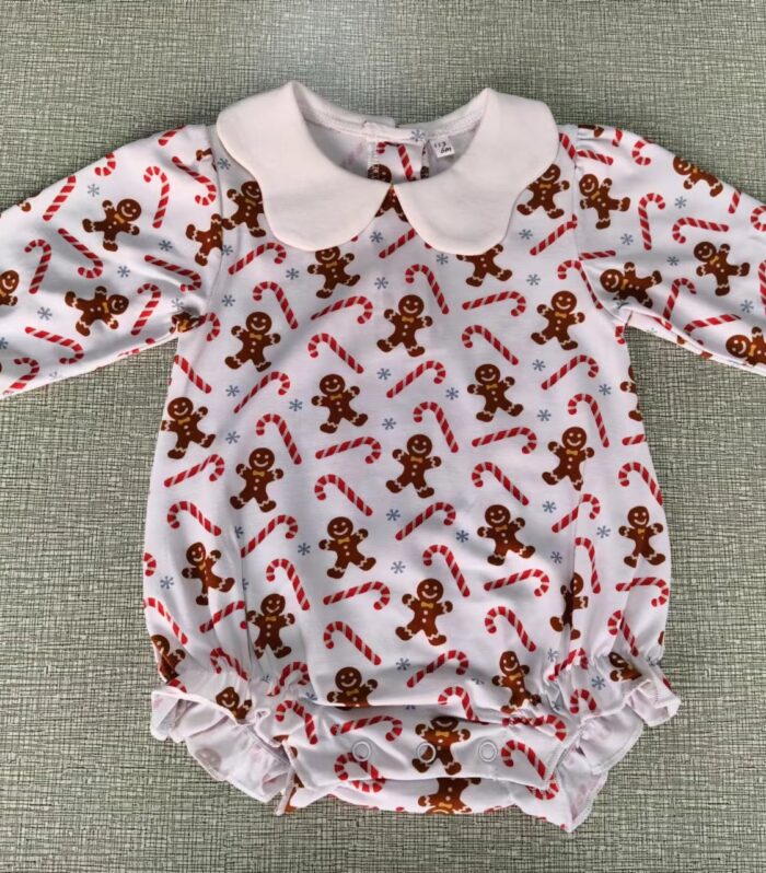 White Gingerbread Print Peter Pan Collar Bubble Romper with Denim Ruffle Cuffs