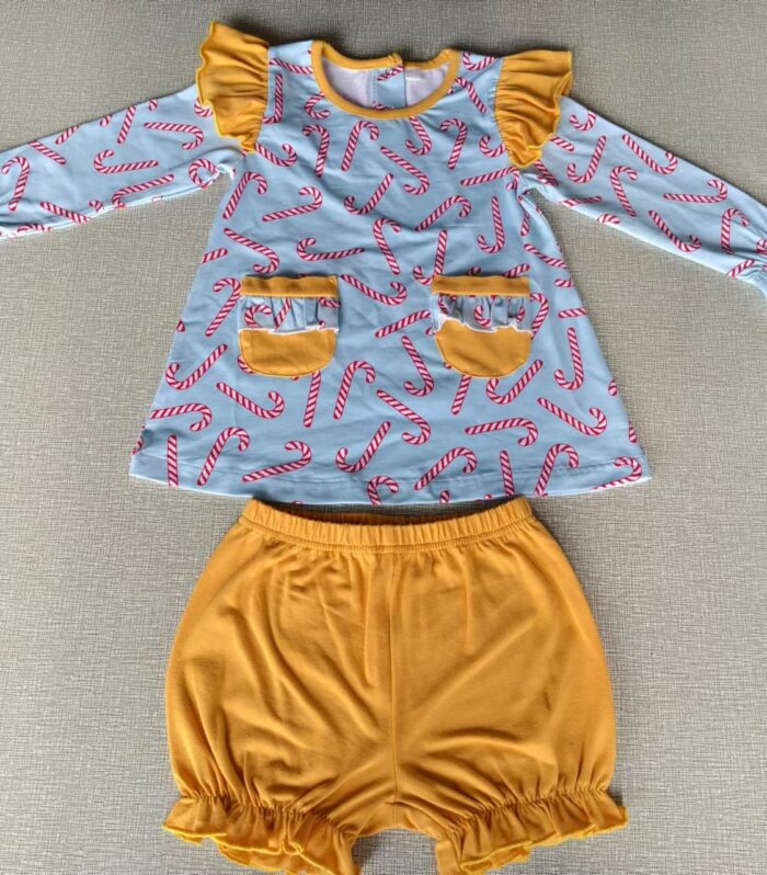 Light Blue Candy Cane Print Flutter Sleeve Tunic & Mustard Bloomers Set