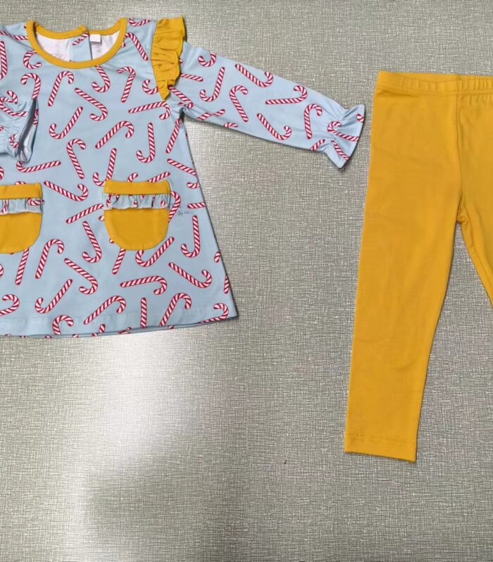Light Blue Candy Cane Flutter Top & Mustard Legging Set