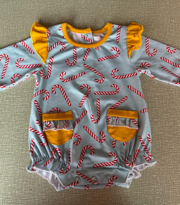 Baby Light Blue Candy Cane Flutter Shoulder Bubble Romper