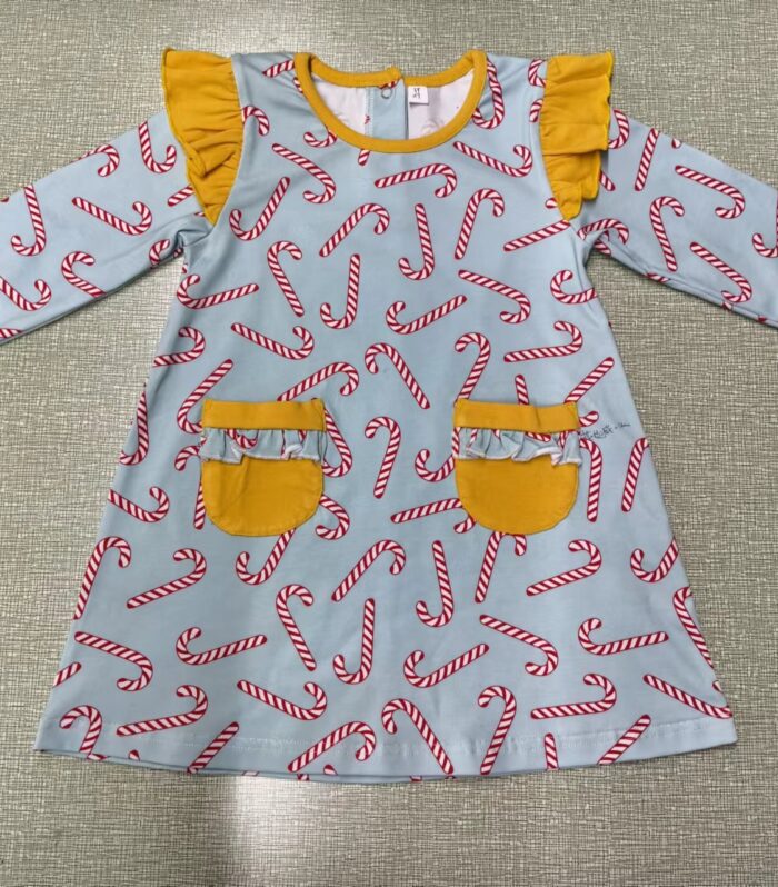 Light Blue Candy Cane Print Flutter Shoulder Swing Dress