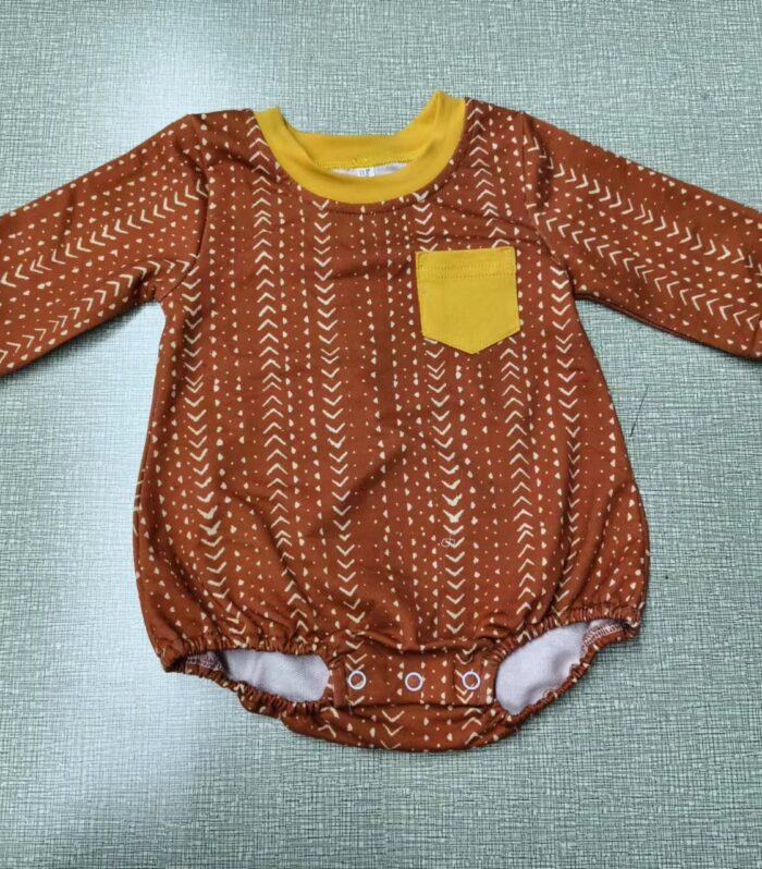 Baby Rust Arrow Print Mustard Trim Pocket Longall Romper