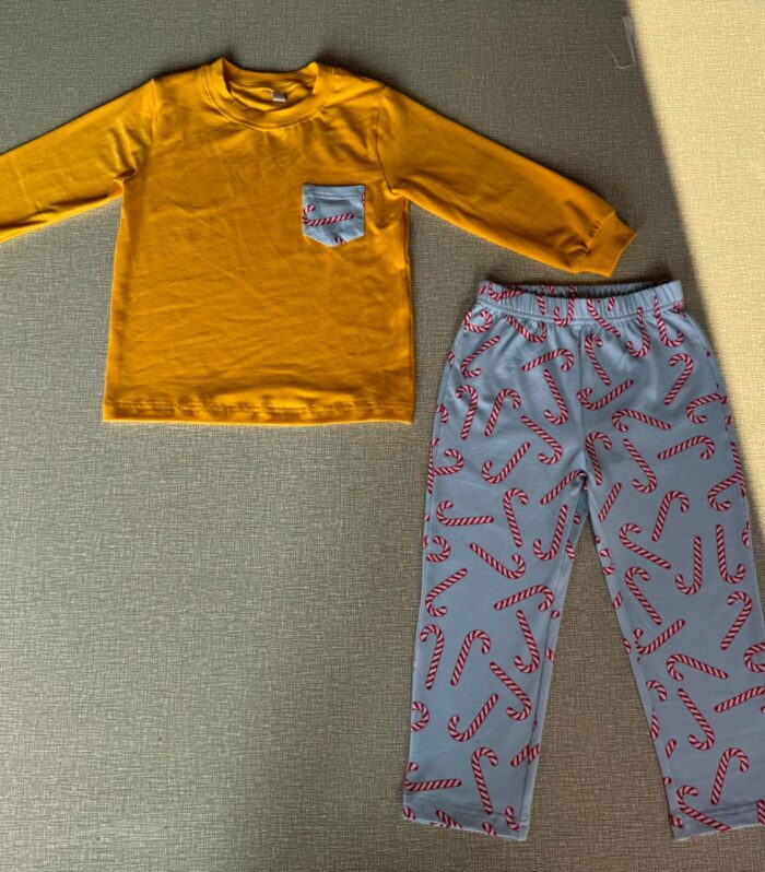 Mustard Solid Long Sleeve Tee & Light Blue Candy Cane Pant Set