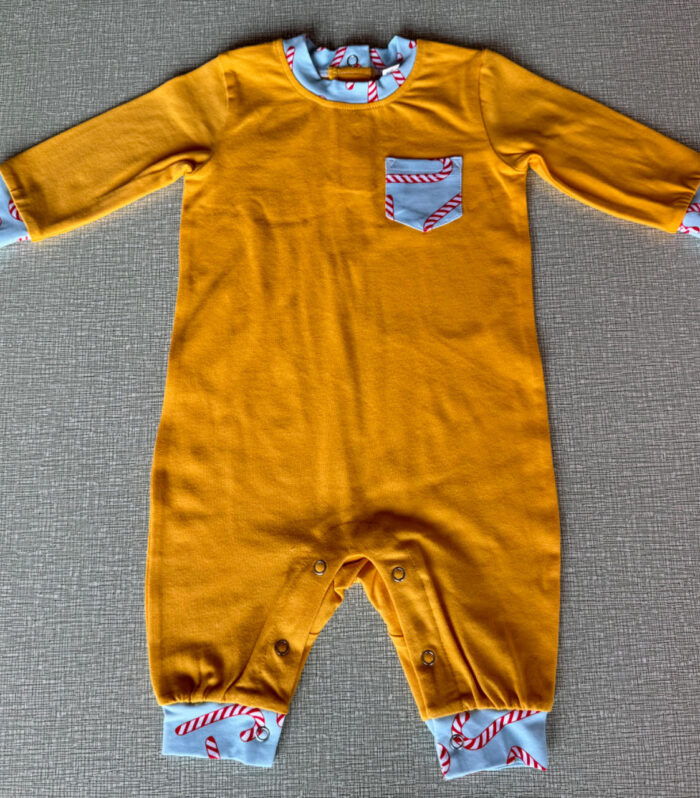 Baby Mustard Solid Candy Cane Trim Longall Romper