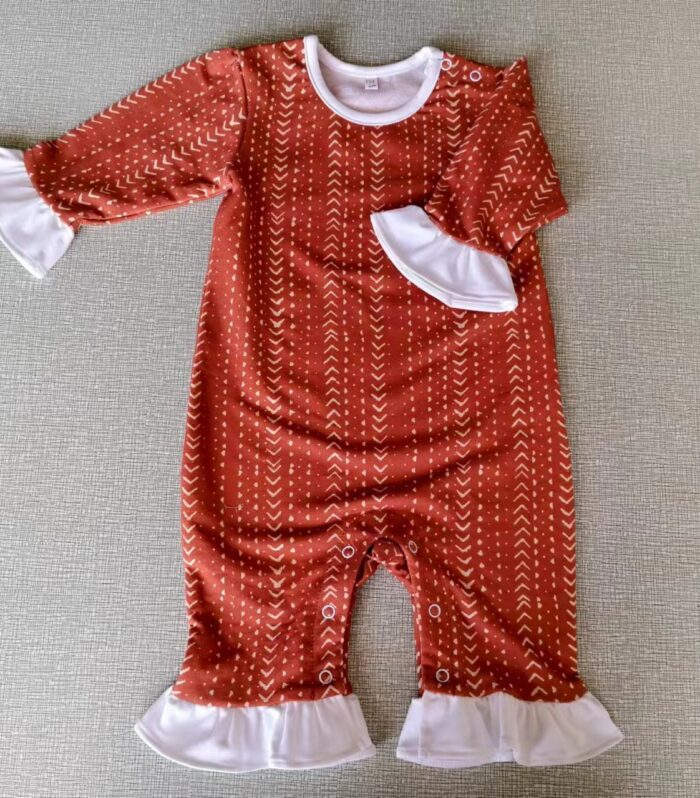 Baby Rust Arrow Print White Ruffle Longall Romper