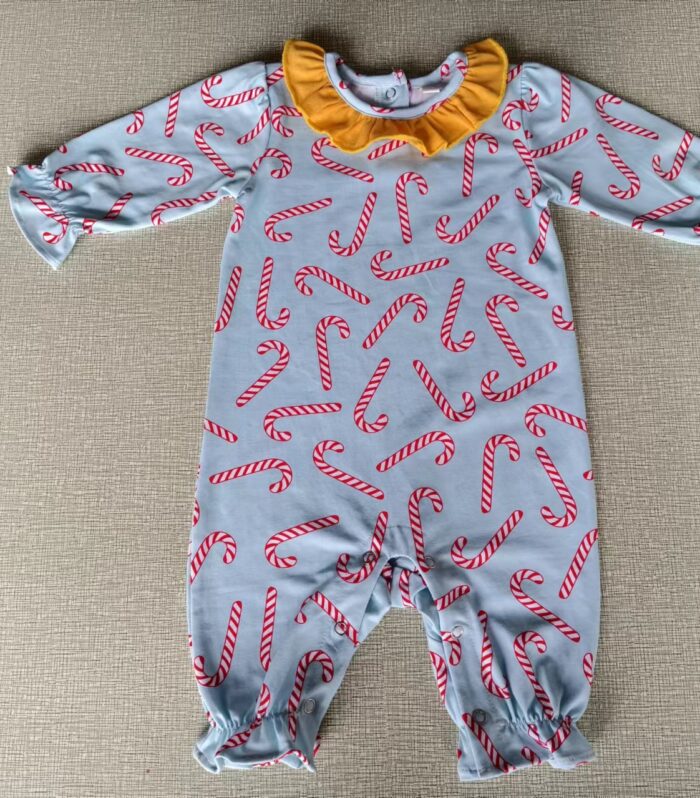 Baby Light Blue Candy Cane Print Mustard Ruffle Neck Romper