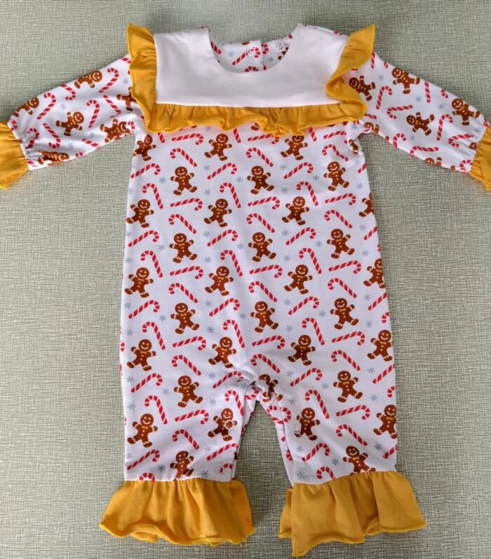 White Gingerbread Print Flutter Shoulder Mustard Ruffle Romper
