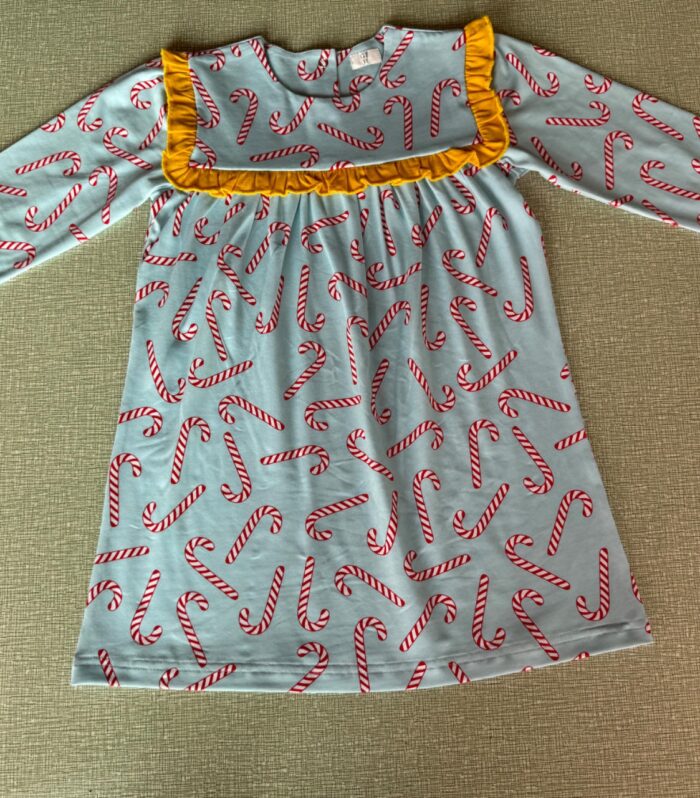 Light Blue Candy Cane Print Mustard Flutter Shoulder Dress