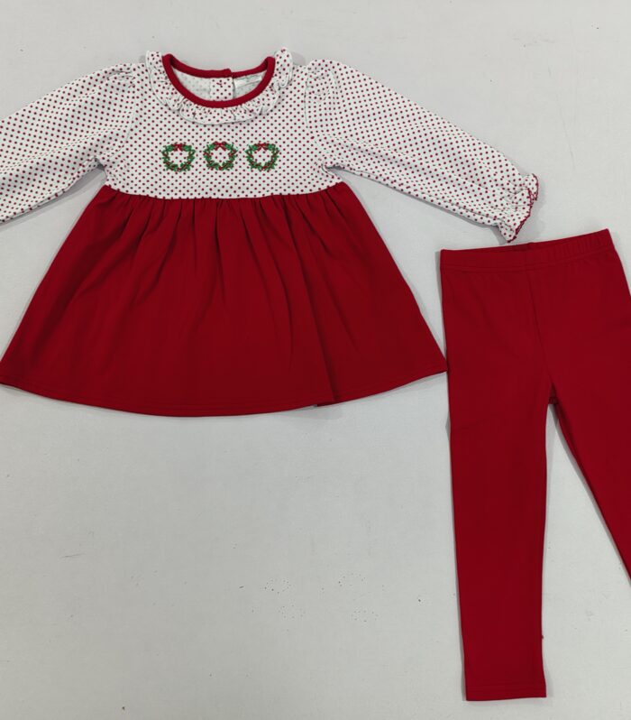 Girls Christmas Wreath Polka Dot Top & Solid Red Legging Set